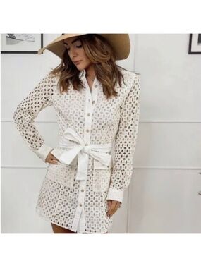 Zara Ivory Eyelet Long-Sleeve Shirt Dress with Waist Tie